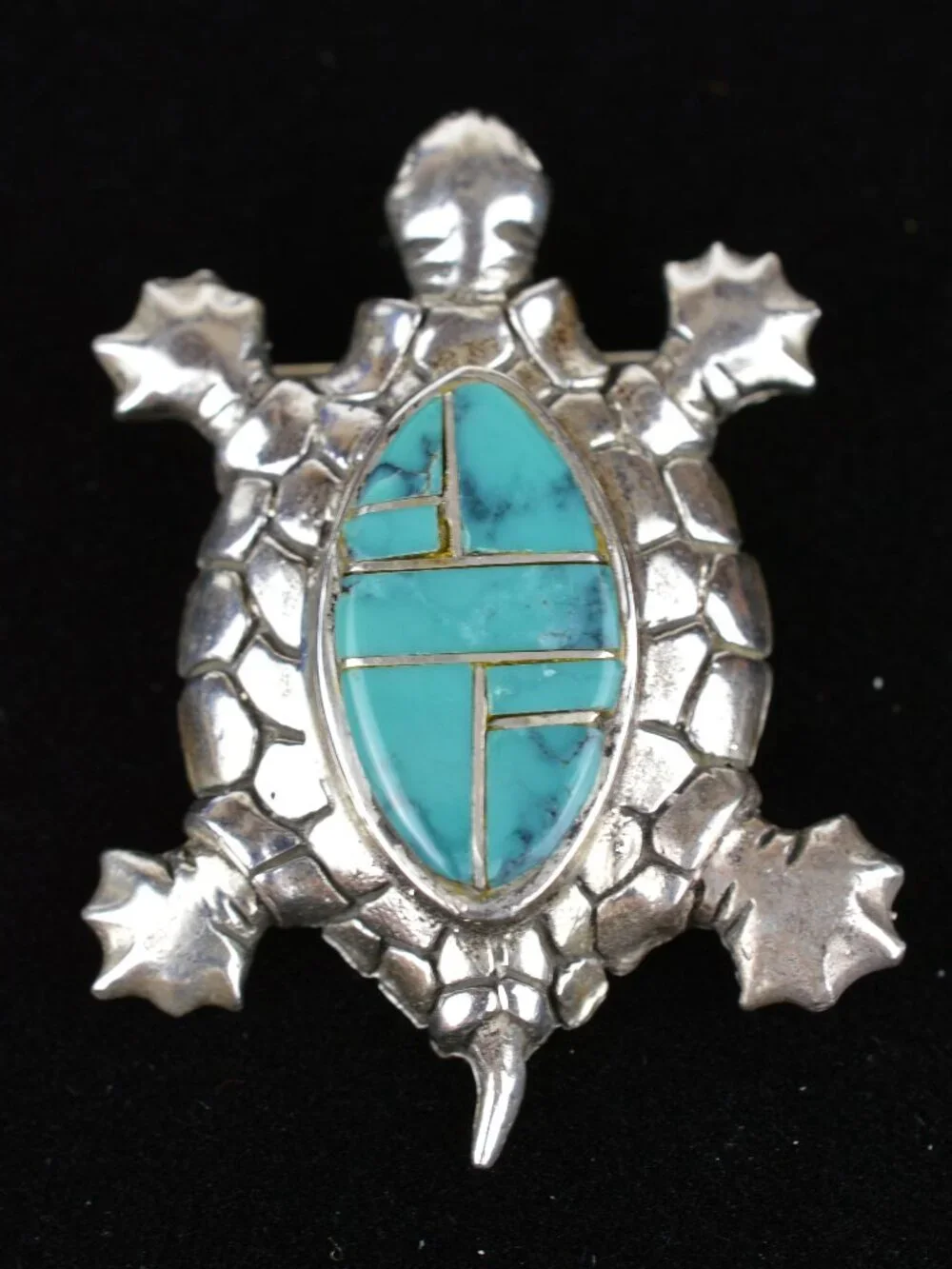 Vintage Sterling Silver Mosaic Turquoise Inlay Turtle Pin Pendant Brooch 12.6g